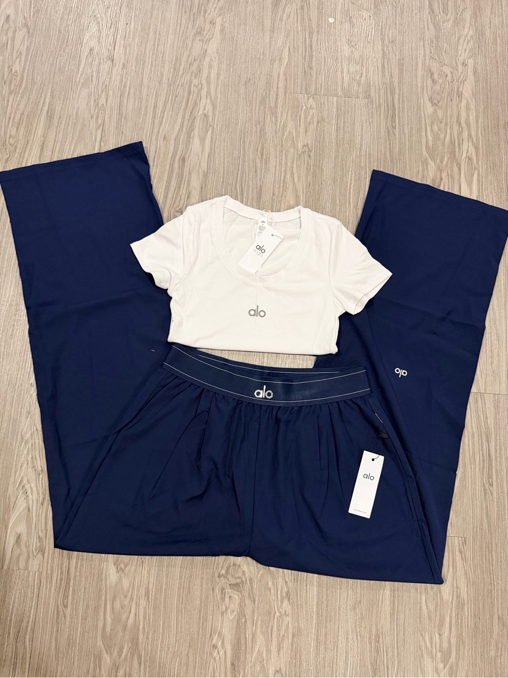 ALO Yoga White Crop Tee with Navy Lounge Pants Set